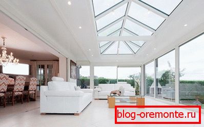 Living room with panoramic windows and rooflight