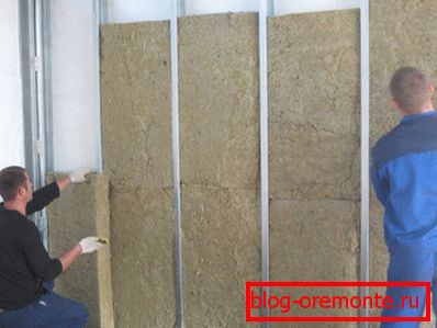 Installation of metal frame and mineral wool panels for drywall partition. Installation of metal frame and mineral wool panels for drywall partition.