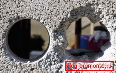 The photo shows holes made by diamond (left) and pobedit (right) crowns. The photo shows holes made by diamond (left) and pobedit (right) crowns.