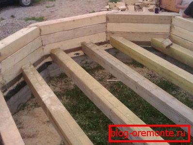 Wall bars are laid on the ready foundation, after which floor logs are mounted