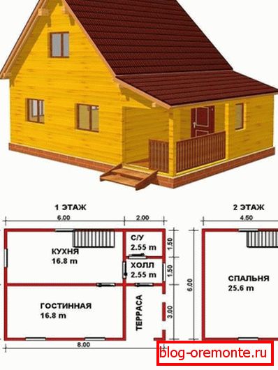 The project of a wooden house 6 * 8 with attic