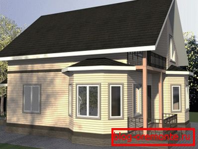 The project of a single-level log house with a bay window and a mansard. The project of a single-level log house with a bay window and a mansard.