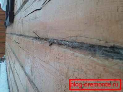 Wall of the house with insulation between the crowns Wall of the house with insulation between the crowns