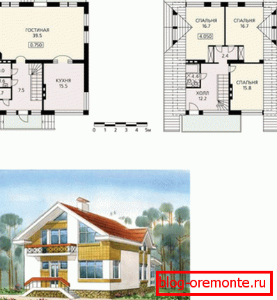 Variant of the project of the house with a graphic image of the appearance and plan for placing rooms Variant of the project of the house with a graphic image of the appearance and plan for placing rooms