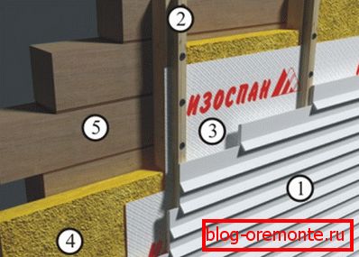 Variant of warming the walls of the house from a bar with vapor insulation inside the room (1-outer sheathing, 2-counter-rail, 3 windscreens, 4 - insulation, 5 - load-bearing wall). Variant of warming the walls of the house from a bar with vapor insulation inside the room (1-outer sheathing, 2-counter-rail, 3 windscreens, 4 - insulation, 5 - load-bearing wall).